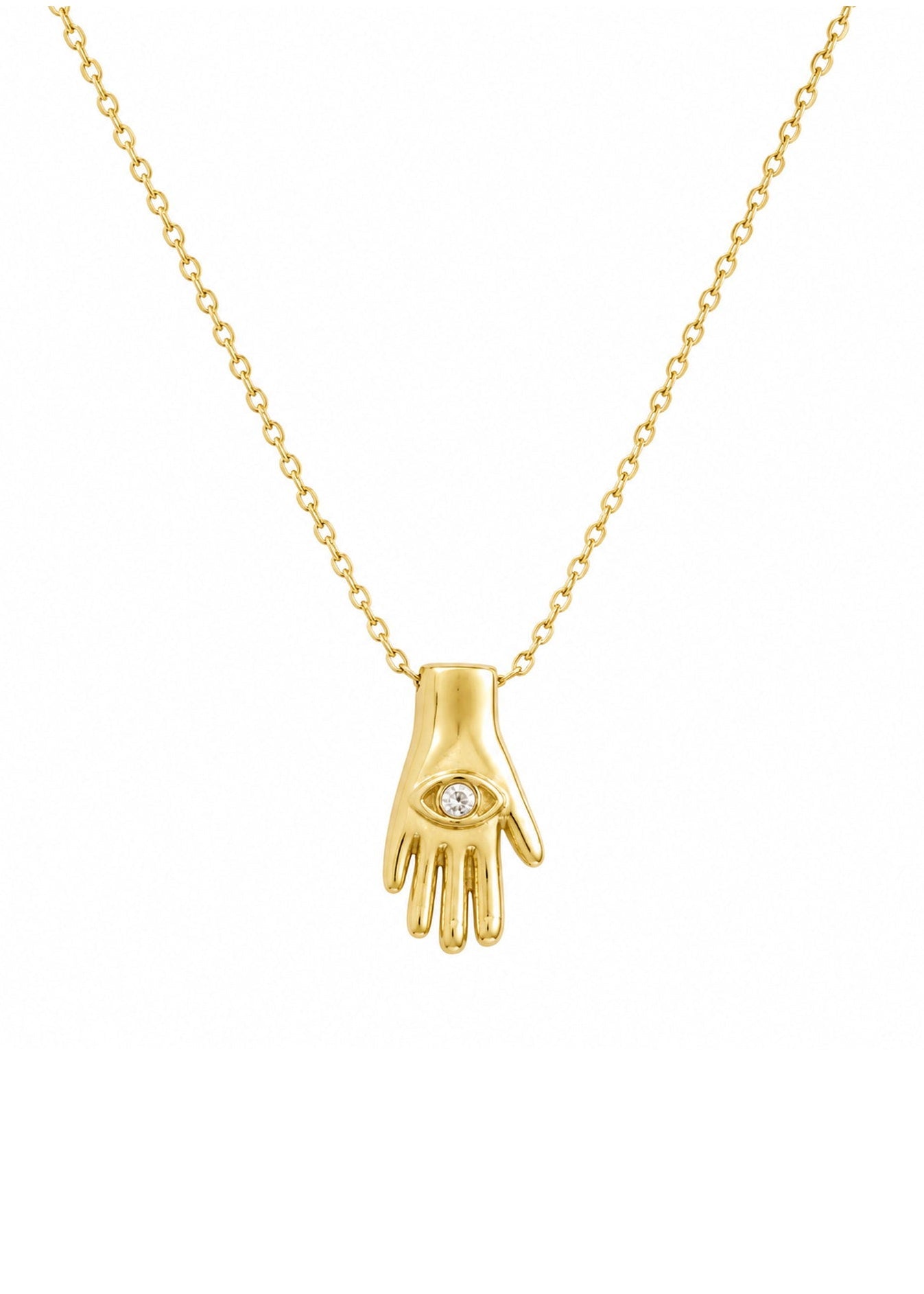Collar Protección Mano de Fátima Trascendenza: dije hamsa en baño de oro de 24k sobre fondo blanco